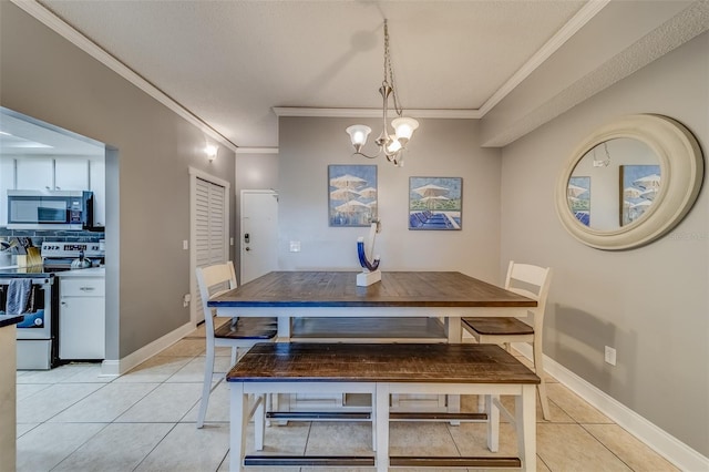 tiled dining room featuring crown molding, a chandelier, and a textured ceiling