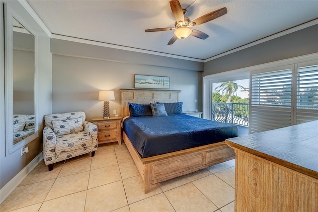 tiled bedroom featuring access to exterior, a textured ceiling, ceiling fan, and ornamental molding