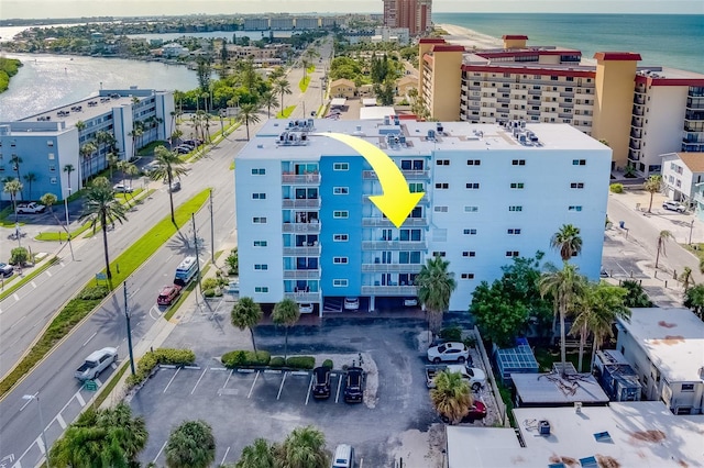 drone / aerial view featuring a water view