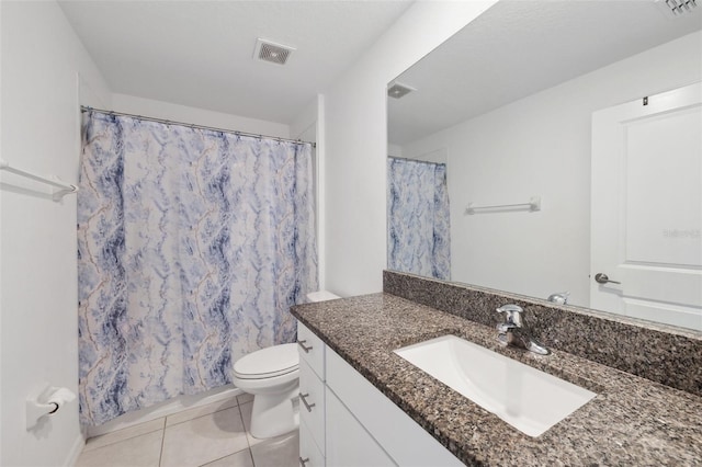 bathroom with tile patterned flooring, vanity, toilet, and a shower with shower curtain