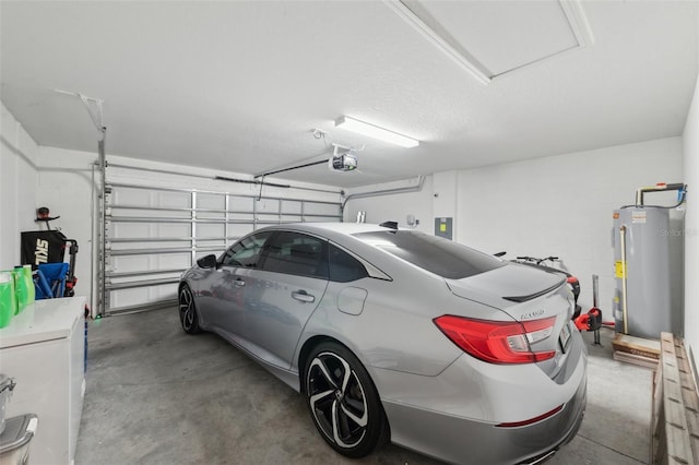 garage featuring electric panel, a garage door opener, fridge, and water heater