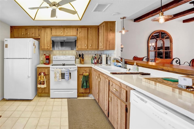 kitchen with white appliances, ceiling fan, sink, beamed ceiling, and hanging light fixtures