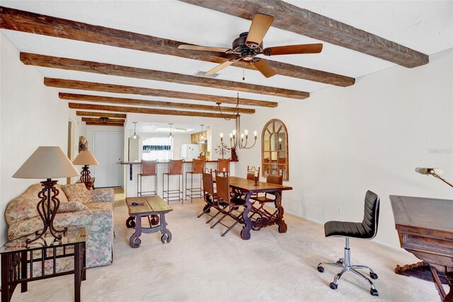 interior space with beam ceiling, ceiling fan with notable chandelier, and light colored carpet