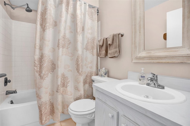 full bathroom with tile patterned floors, vanity, toilet, and shower / bath combo with shower curtain