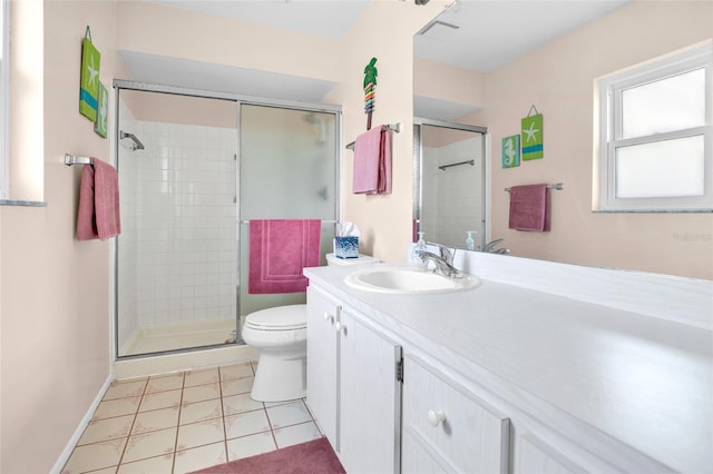 bathroom featuring tile patterned flooring, vanity, a shower with shower door, and toilet