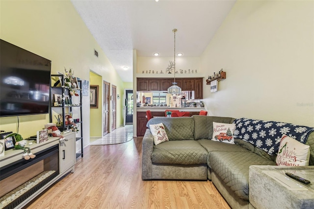 living room featuring high vaulted ceiling and light hardwood / wood-style flooring