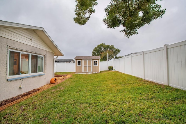 view of yard featuring a storage unit