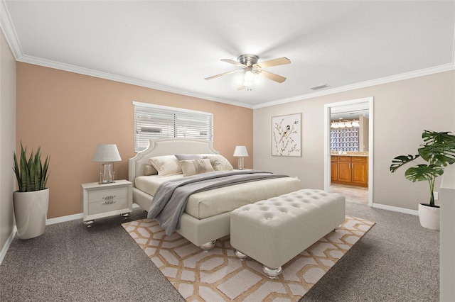 carpeted bedroom with ceiling fan, ornamental molding, and connected bathroom