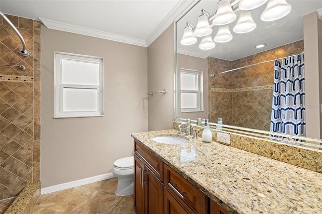 bathroom with vanity, toilet, walk in shower, and crown molding