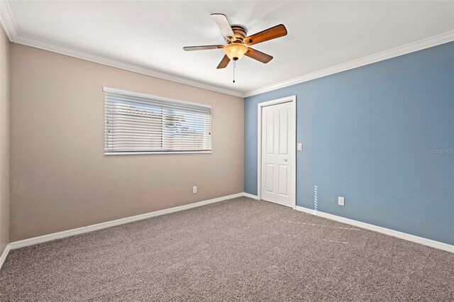 spare room featuring carpet flooring, crown molding, and ceiling fan