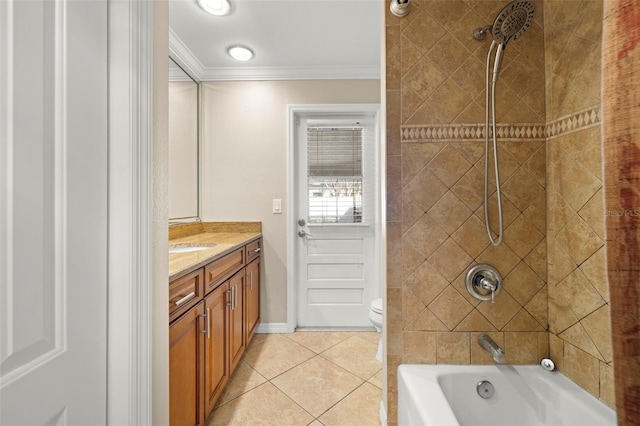 full bathroom featuring tile patterned floors, tiled shower / bath combo, vanity, crown molding, and toilet