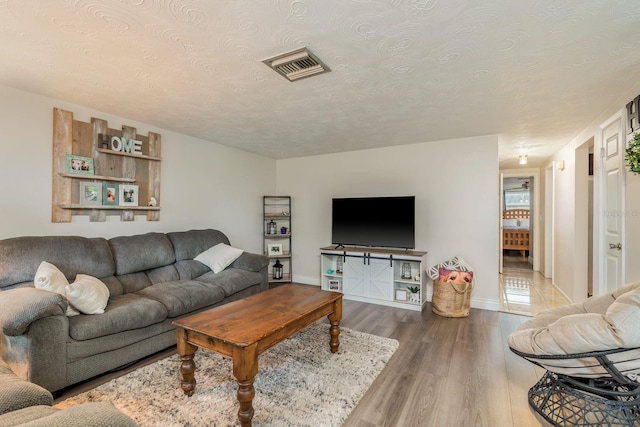 living room with hardwood / wood-style floors and a textured ceiling