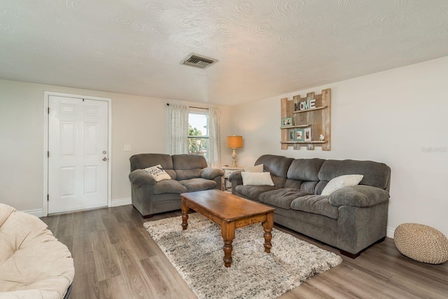 living room featuring wood-type flooring and a textured ceiling