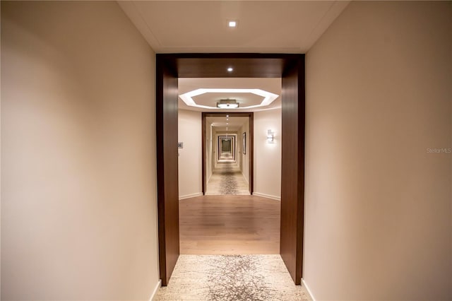 hallway with a tray ceiling and light hardwood / wood-style flooring