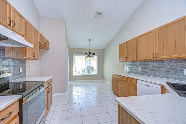 kitchen with dishwasher, an inviting chandelier, vaulted ceiling, stainless steel electric range, and light tile patterned floors