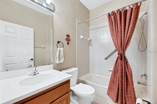 full bathroom featuring shower / bath combination with curtain, vanity, and toilet