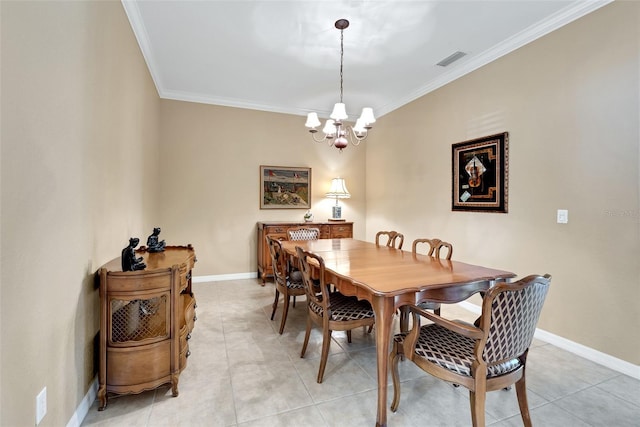 tiled dining area featuring an inviting chandelier and ornamental molding