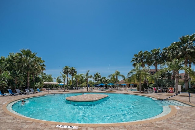 view of swimming pool featuring a patio