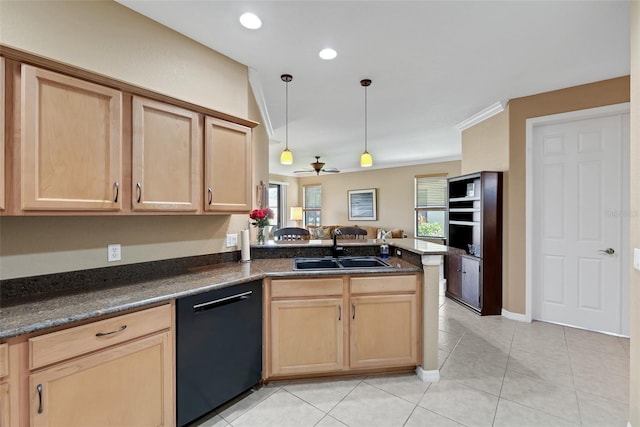 kitchen featuring ceiling fan, sink, hanging light fixtures, black dishwasher, and kitchen peninsula