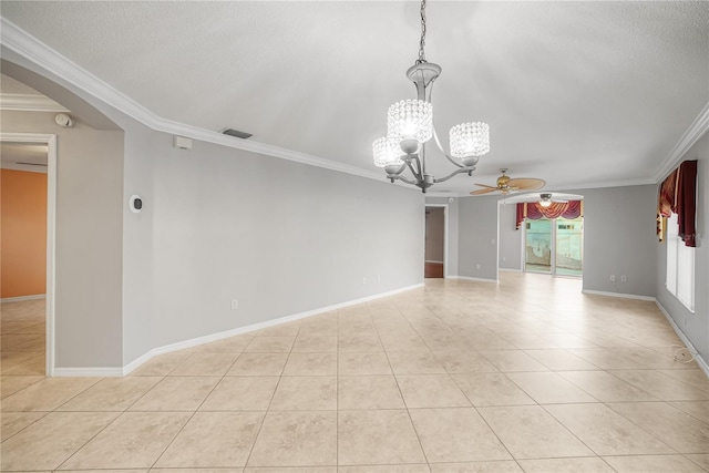 tiled empty room featuring a textured ceiling, ceiling fan with notable chandelier, and crown molding