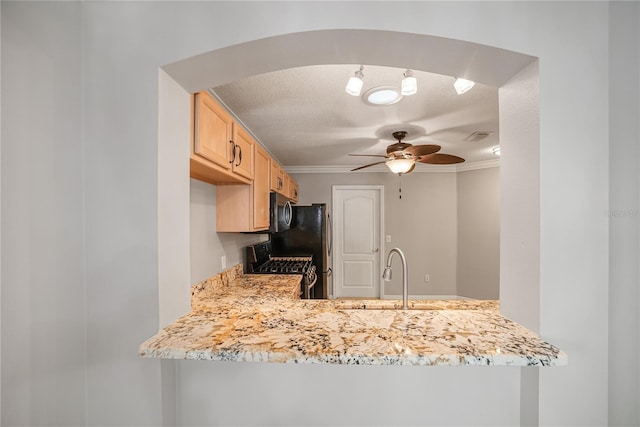 kitchen featuring ceiling fan, sink, crown molding, black gas stove, and light brown cabinetry