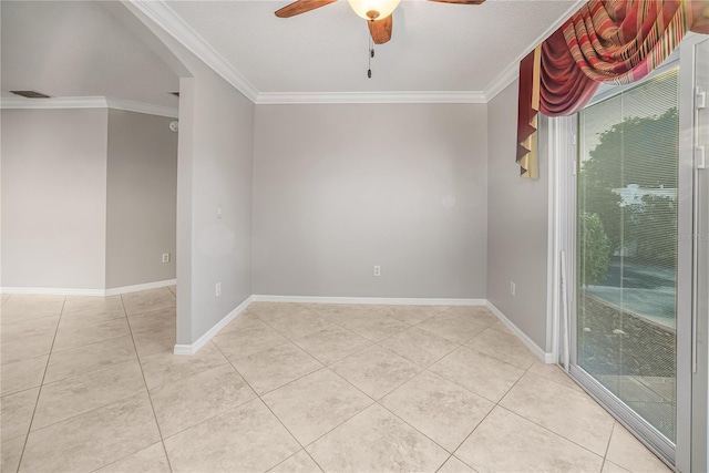 tiled empty room with crown molding and ceiling fan