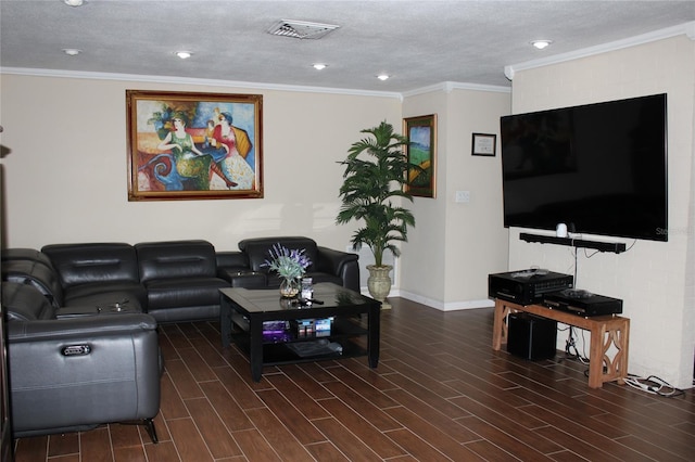 living room featuring ornamental molding, a textured ceiling, and dark wood-type flooring