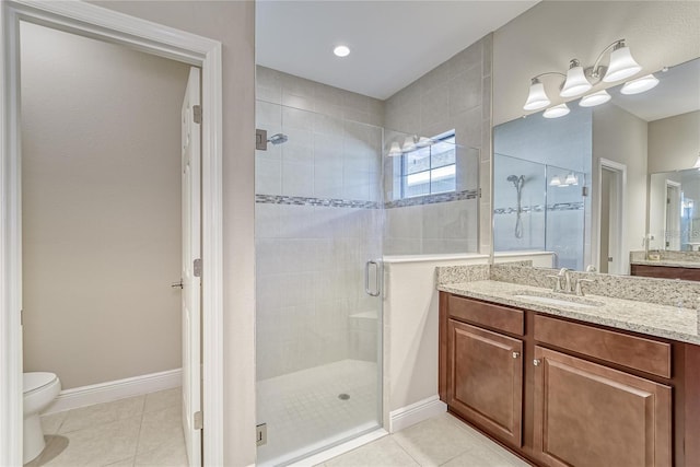 bathroom with tile patterned flooring, vanity, toilet, and a shower with shower door