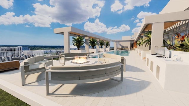 view of patio with an outdoor living space with a fire pit and a community pool