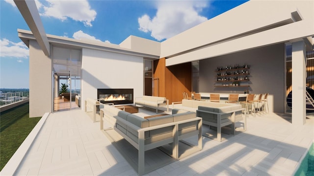 view of patio featuring an outdoor living space with a fireplace