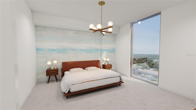 carpeted bedroom featuring a chandelier and access to exterior