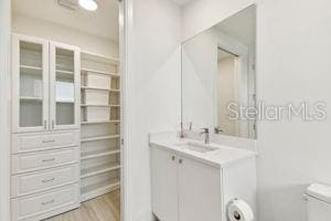 bathroom featuring vanity, hardwood / wood-style flooring, and toilet