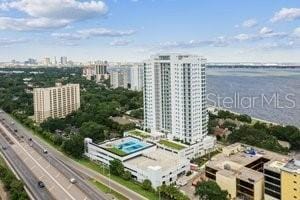 drone / aerial view with a water view