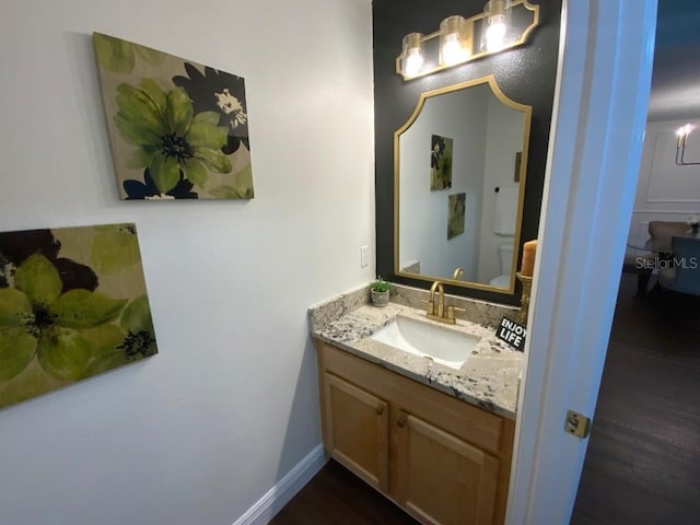 bathroom with hardwood / wood-style floors and vanity