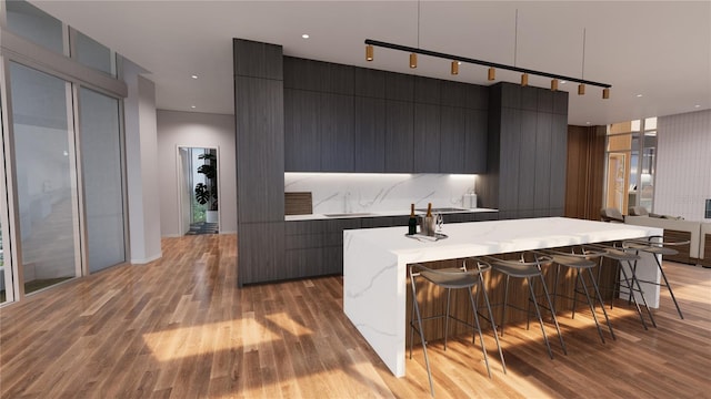 kitchen with a spacious island, a kitchen breakfast bar, and light wood-type flooring