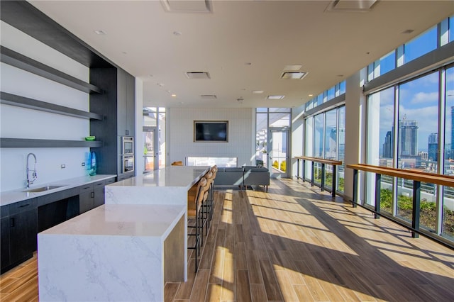 interior space featuring light hardwood / wood-style floors, light stone countertops, sink, and floor to ceiling windows