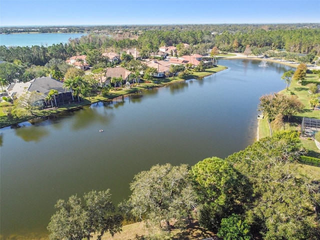 drone / aerial view with a water view