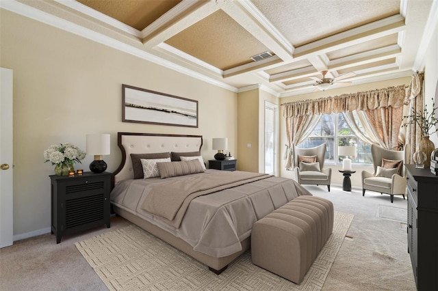 carpeted bedroom featuring crown molding, ceiling fan, coffered ceiling, and beamed ceiling