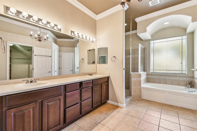 bathroom featuring shower with separate bathtub, tile patterned flooring, ornamental molding, vanity, and an inviting chandelier