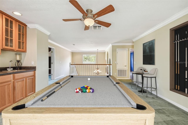 playroom with sink, crown molding, pool table, ceiling fan, and carpet