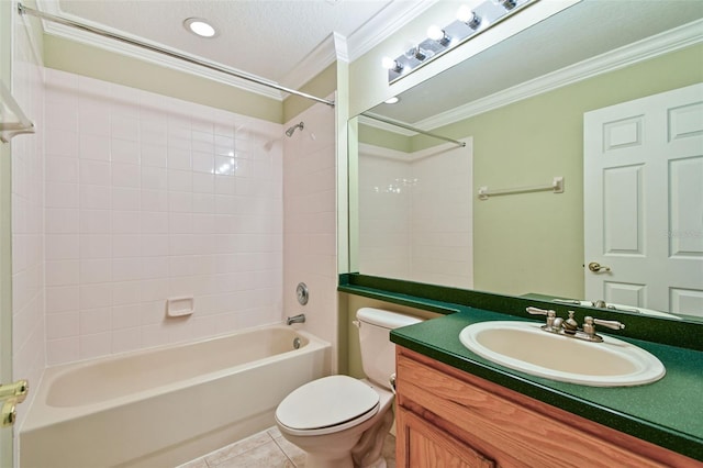 full bathroom featuring ornamental molding, bathtub / shower combination, tile patterned floors, and toilet