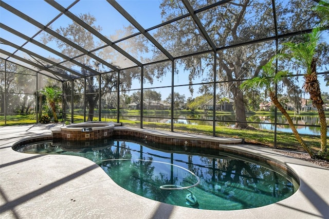 view of swimming pool with a water view, an in ground hot tub, a lanai, and a patio