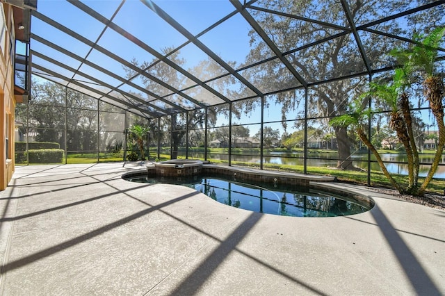 view of pool featuring a water view, an in ground hot tub, a lanai, and a patio area