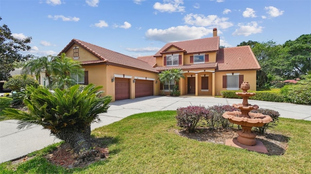 2024 Capri Ln, Mount Dora, FL 32757 - view of front facade featuring stucco siding, a garage, driveway, a tiled roof, and a chimney