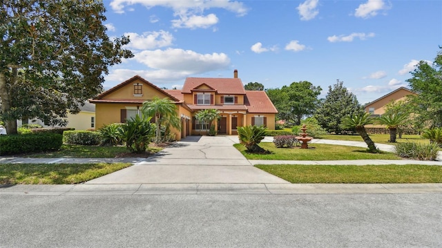 2024 Capri Ln, Mount Dora, FL 32757 - view of front of house with curved driveway, a front yard, stucco siding, and a chimney