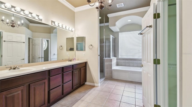 2024 Capri Ln, Mount Dora, FL 32757 - bathroom featuring crown molding, a shower stall, tile patterned flooring, a bath, and double vanity