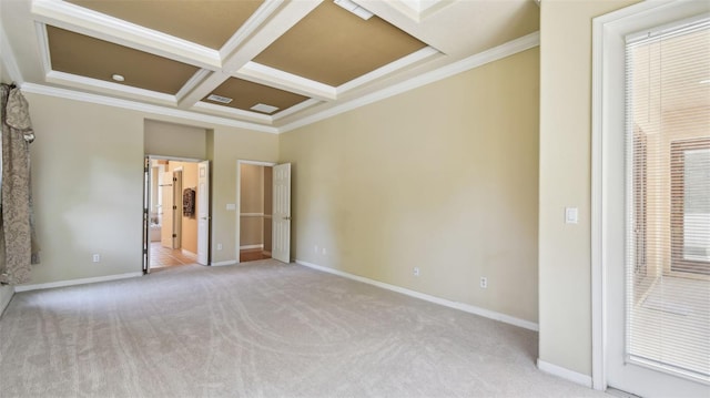 2024 Capri Ln, Mount Dora, FL 32757 - unfurnished bedroom featuring coffered ceiling, light carpet, beamed ceiling, and crown molding