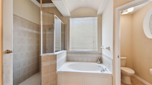 2024 Capri Ln, Mount Dora, FL 32757 - full bathroom featuring a bath, tiled shower, and lofted ceiling