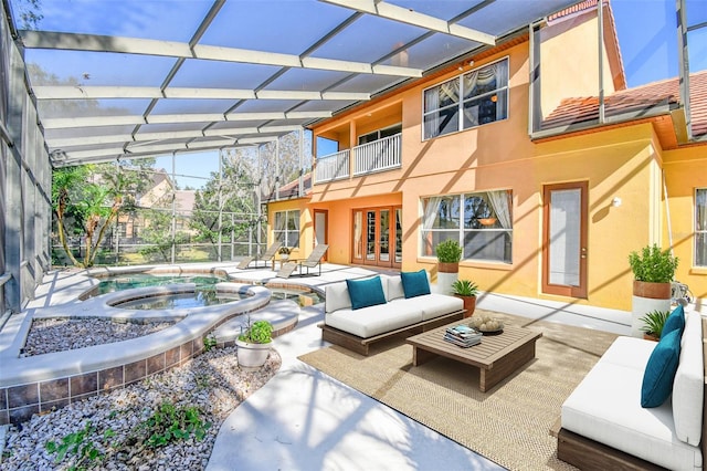 2024 Capri Ln, Mount Dora, FL 32757 - patio / terrace with a patio area, an outdoor hangout area, french doors, and a pool with connected hot tub
