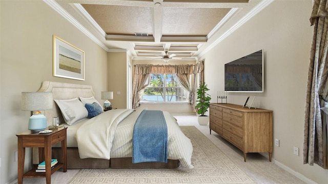 2024 Capri Ln, Mount Dora, FL 32757 - bedroom with coffered ceiling, light carpet, beam ceiling, and crown molding